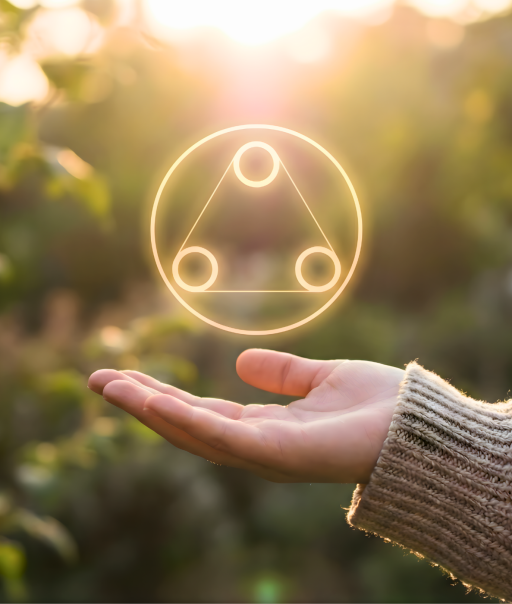 Hand holding glowing GOLIVEA symbol representing harmony, balance, and holistic wellbeing.